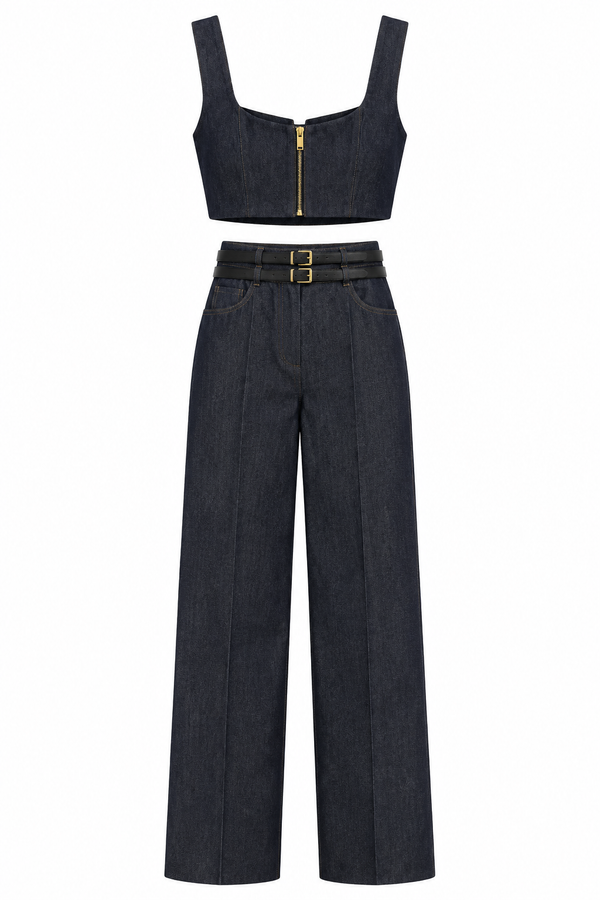 Tasarım Denim Görünümlü Top Pantolon Takım - 3370
